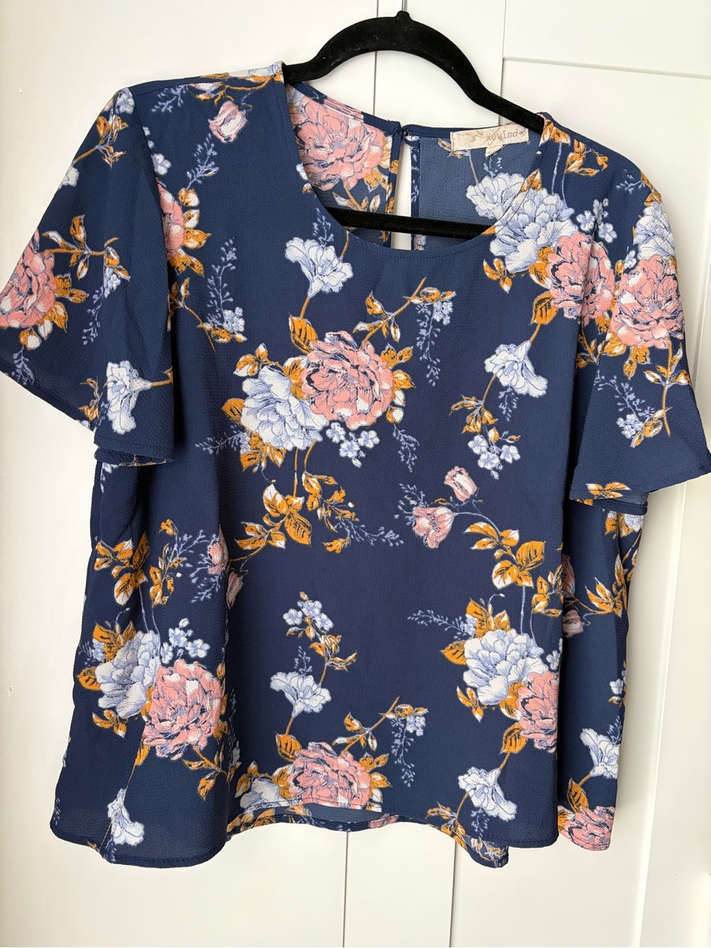 Rewind Navy Floral Flutter Sleeve Blouse